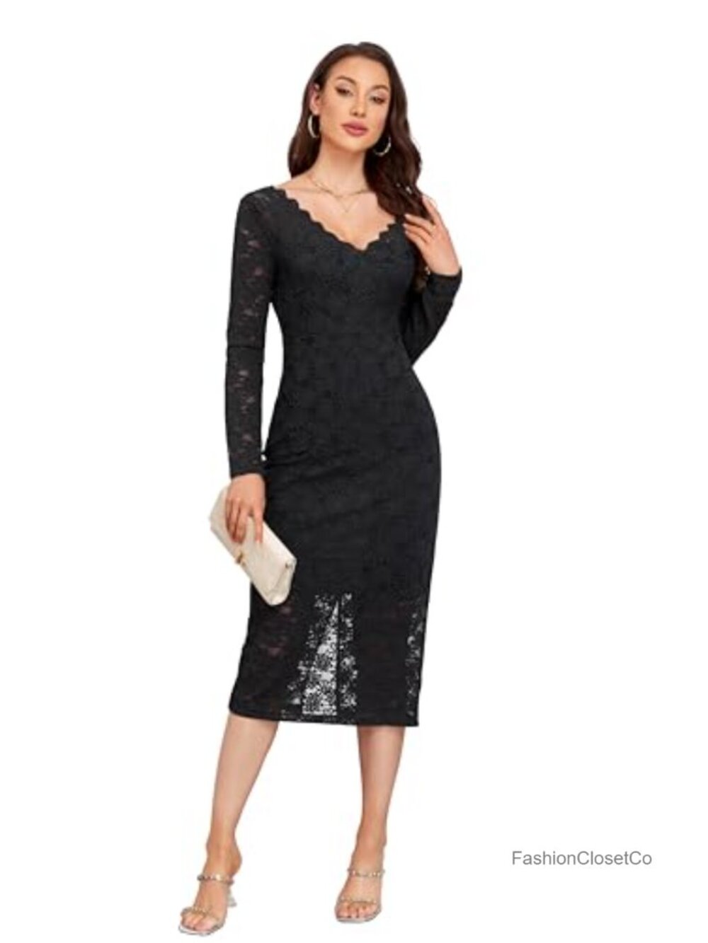 Floral Lace V Neck Long Sleeve Bodycon Midi Dress Back Slit Formal Cocktail
